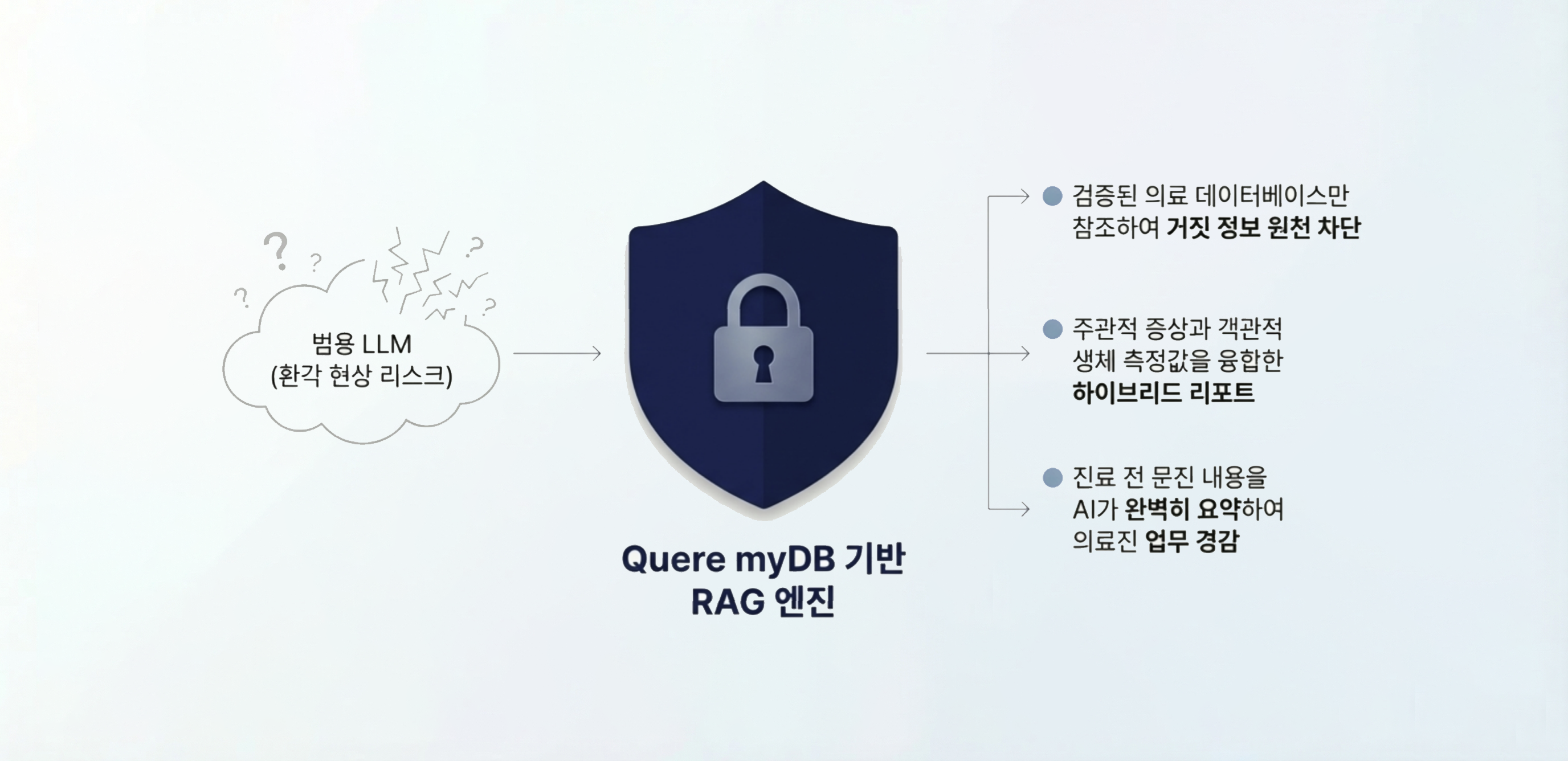 환각 없는 안전한 의료 AI 도식(myDB, 하이브리드 AI 리포트)